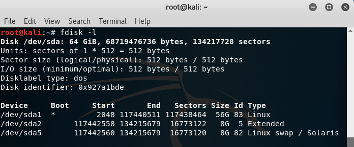 Figure 5.1 – Using the fdisk command to identify devices and partitions in Kali
