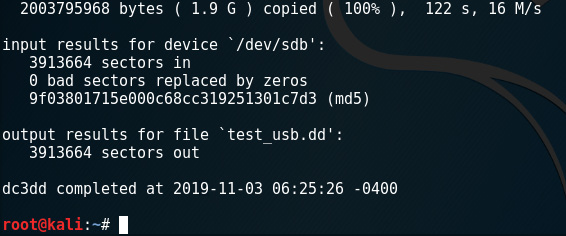 Figure 5.10 – Output of the dc3dd command displaying the MD5 hash 
