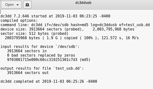 Figure 5.13 – Screenshot of the log file generated by dc3dd
