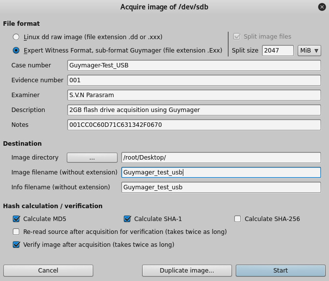 Figure 5.42 – Snippet of the completed Guymager image acquisition fields
