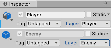 Figure 15.11 – Changing the layers of the Player and the Enemy Prefab
