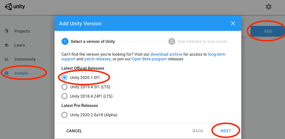 Figure 2.7 – Picking the Unity version to install
