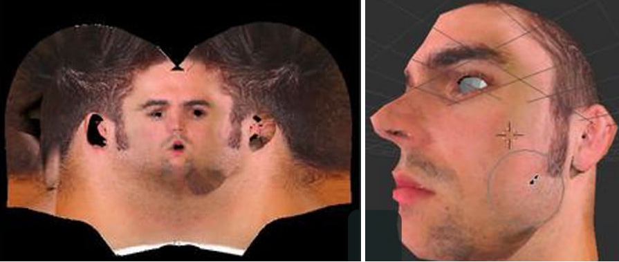 Figure 6.24 On the left, a face texture; on the right, the same texture applied to a face mesh
