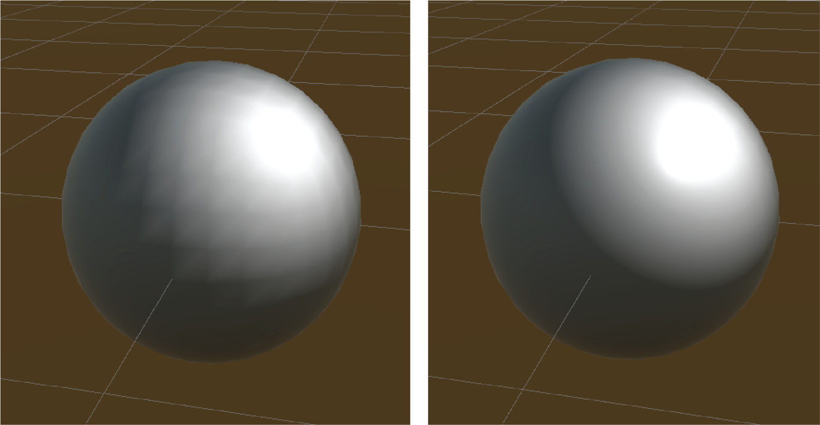 Figure 8.3 – Left image, a sphere being rendered with Vertex Lighting; right image, a sphere being rendered with Pixel Lighting)
