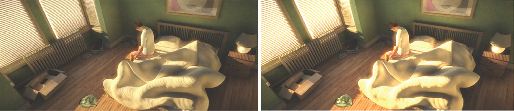 Figure 9.12 An LDR-rendered scene (left) and an HDR scene with corrected overbrights using tonemapping (right)