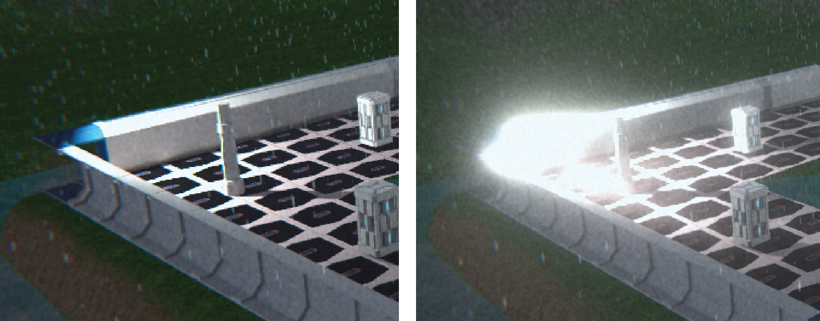 Figure 9.14 The default scene (left) and the same scene with a high-intensity Bloom (right)

