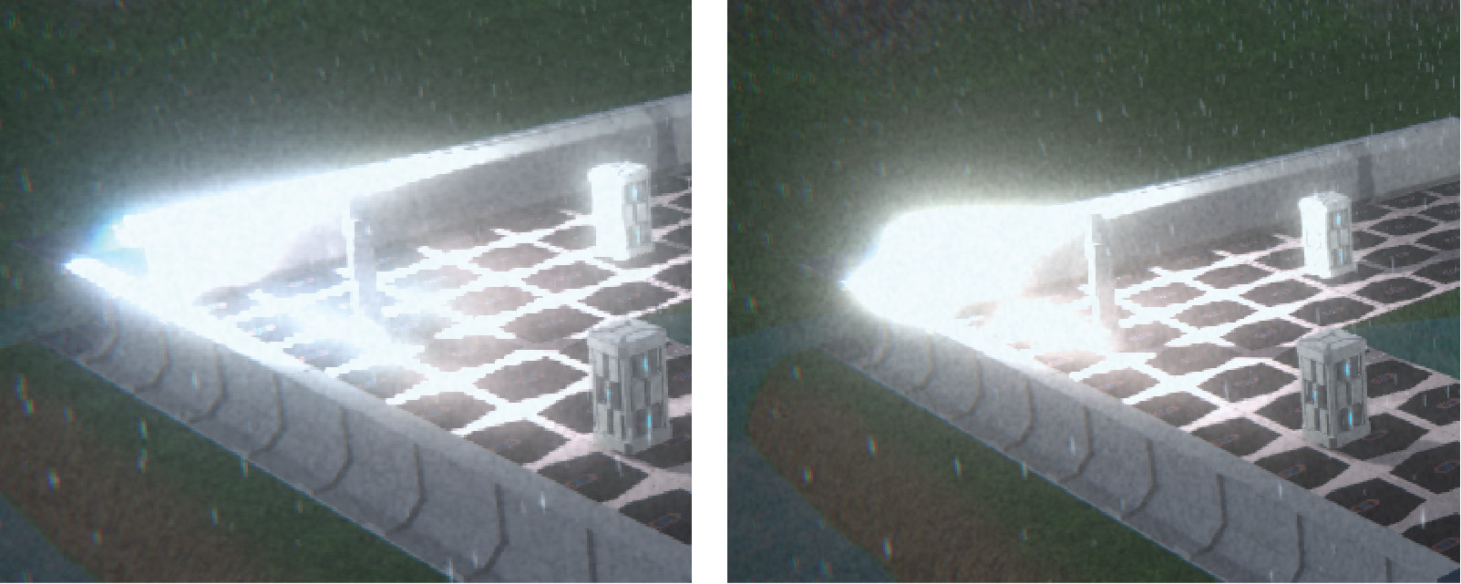 Figure 9.15 – Bloom in an LDR scene (left) and Bloom in an HDR scene (right). 
