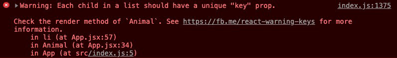 Figure 7.9: Array warning with no unique key prop
