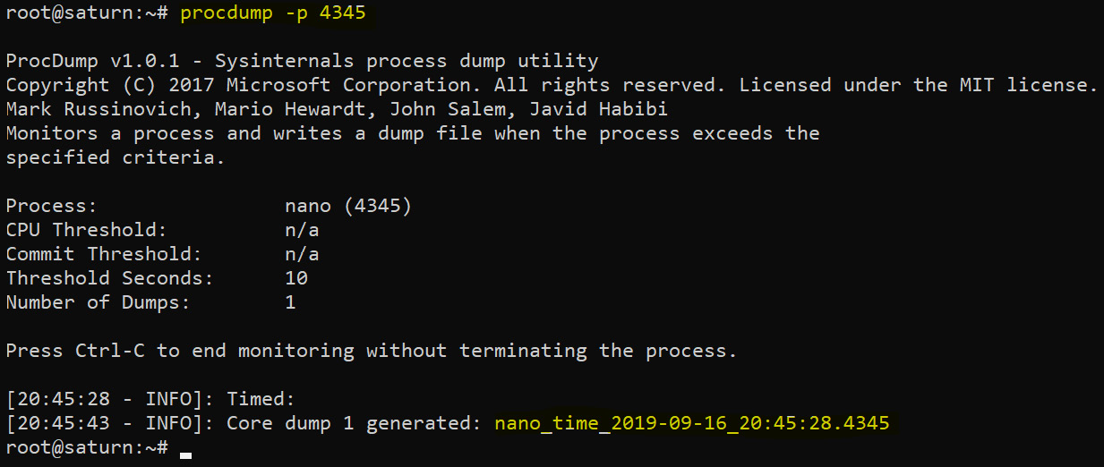 Figure 8: Dumping a process with procdump on Linux
