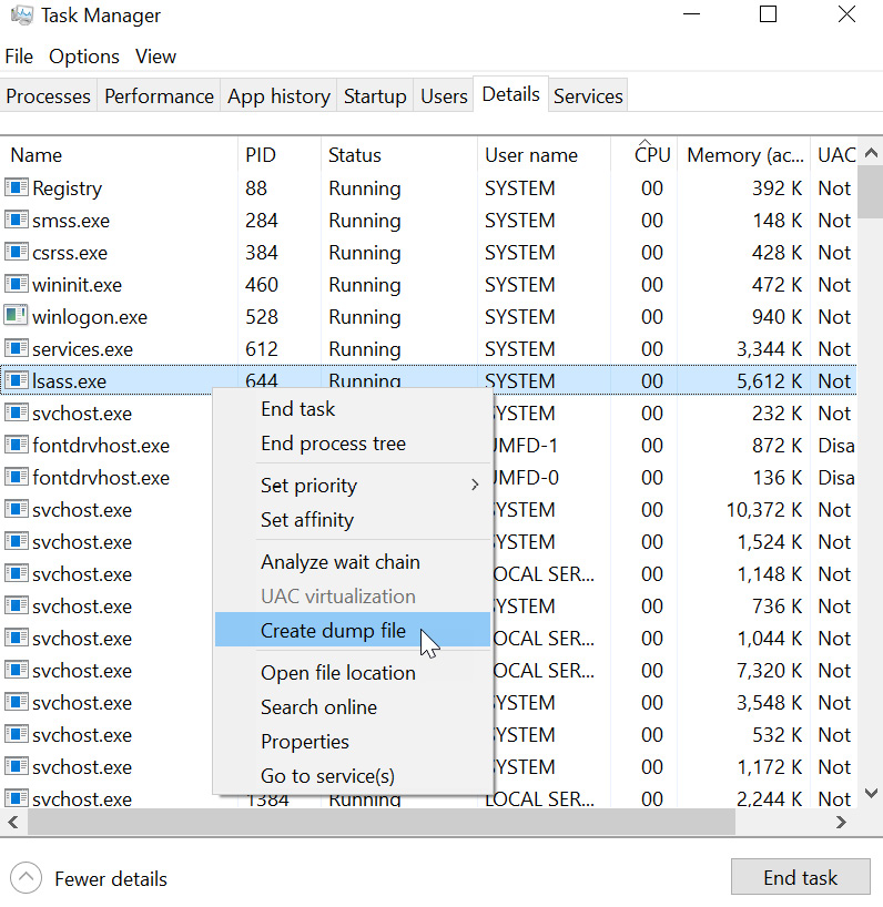 Figure 13: Another way to create a memory dump using Task Manager
