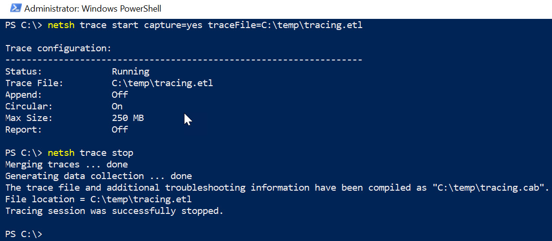 Figure 24: Starting a tracing session to capture network traffic in Windows
