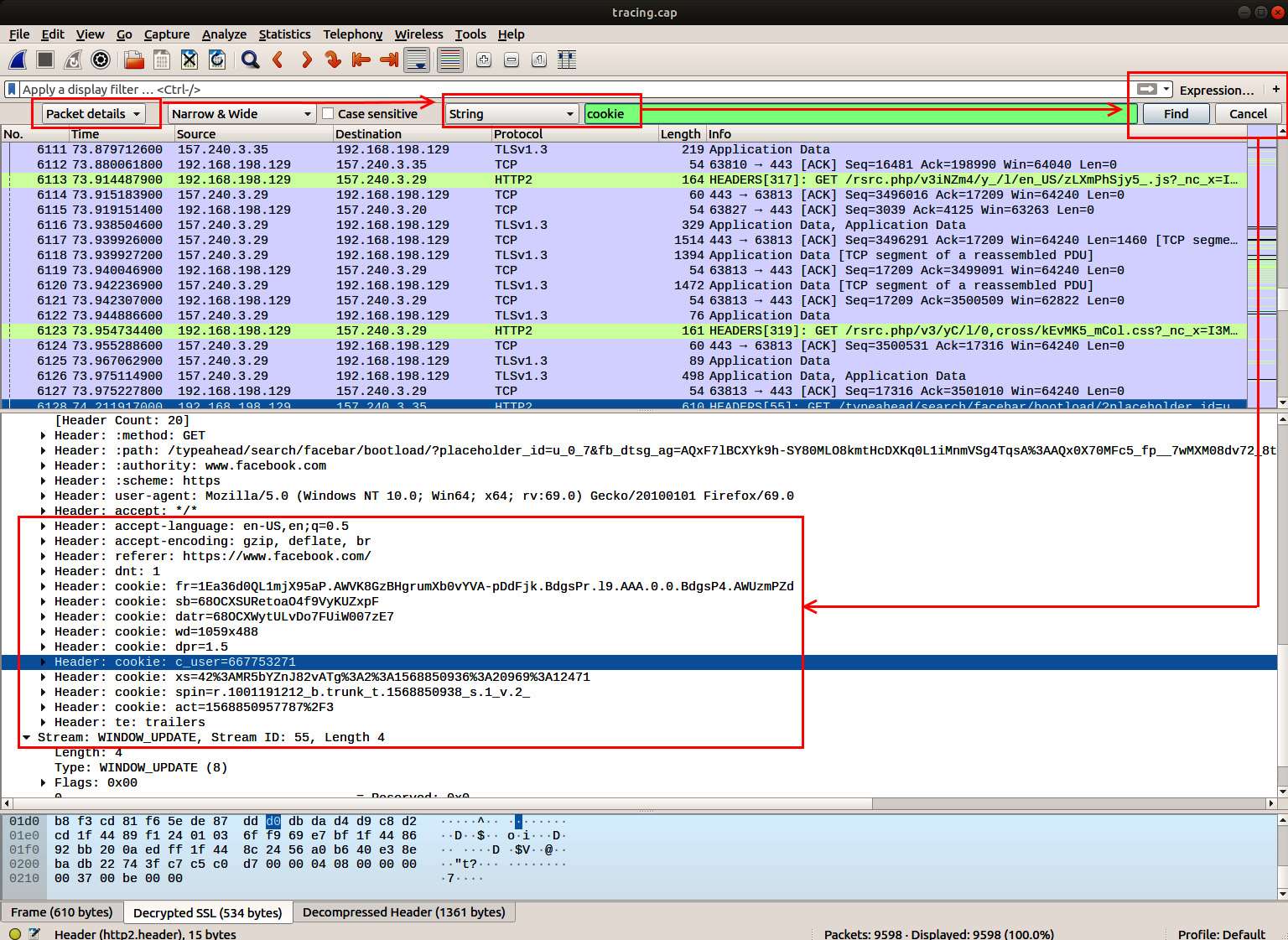 Figure 27: Decrypting TLS traffic in Wireshark and searching for cookies

