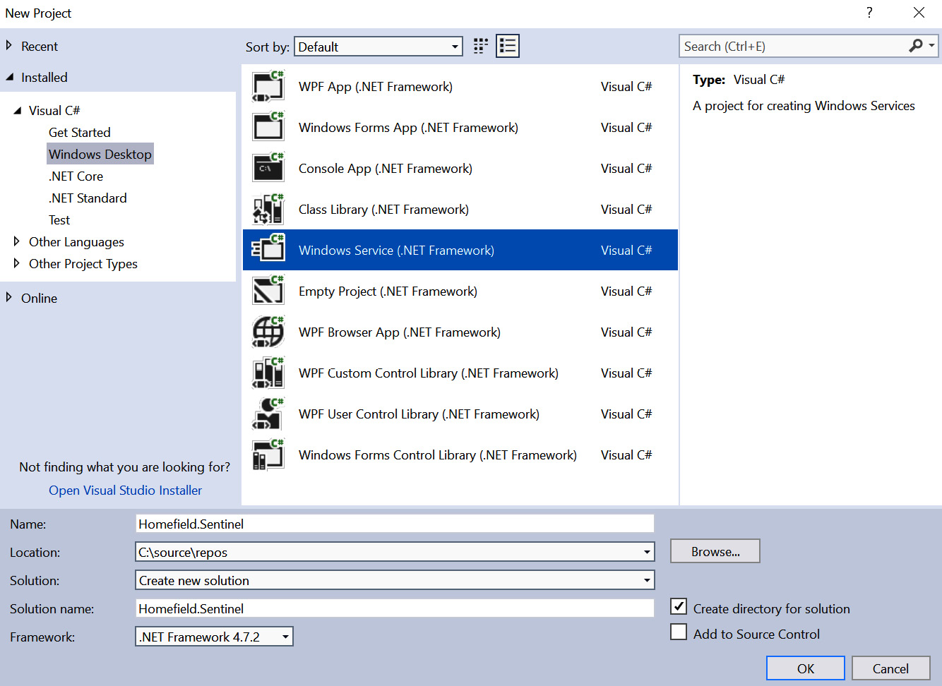 Figure 11.14: Creation of a new Windows Service using Visual Studio
