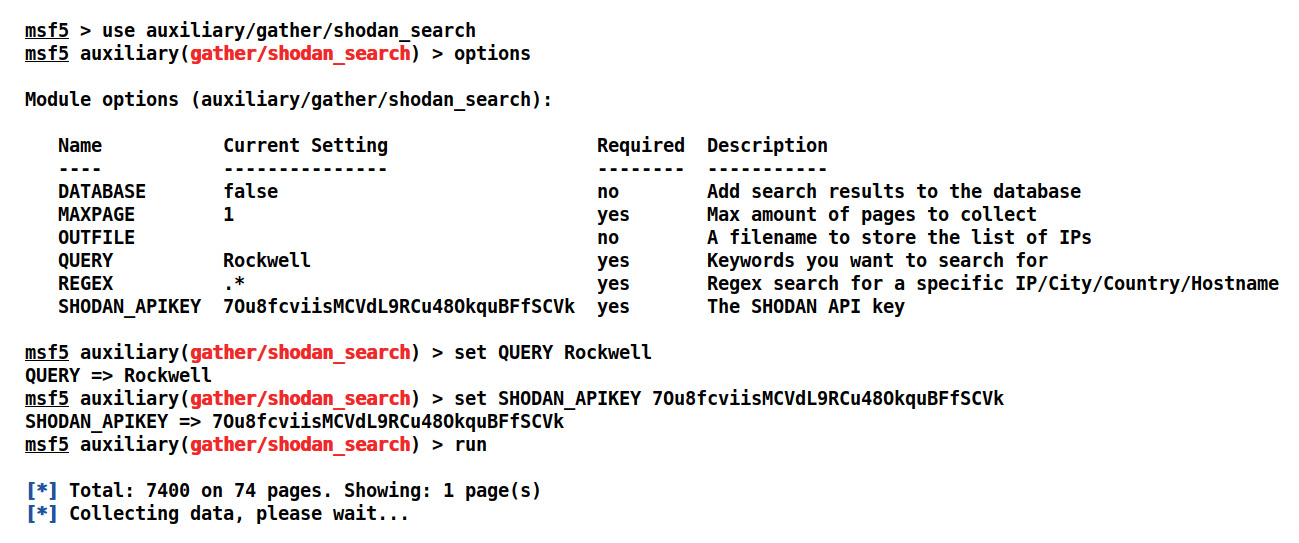 Figure 5.1 – Using the shodan_search Metasploit module
