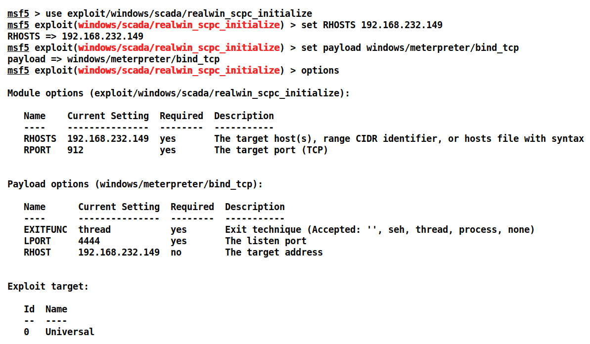Figure 5.3 – Using the realwin SCADA server buffer overflow exploit in Metasploit
