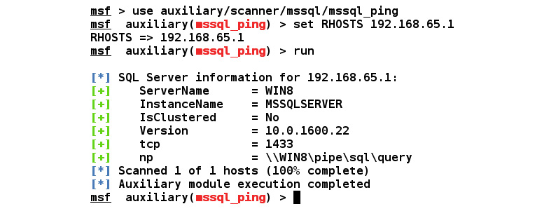 Figure 5.17 – Using the mssql_ping auxiliary module
