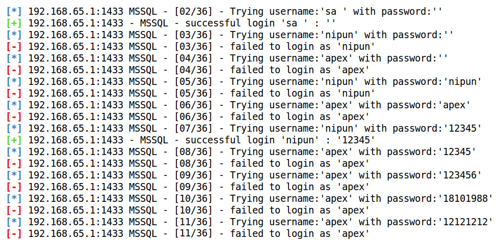 Figure 5.21 – Brute forcing the MSSQL username and password
