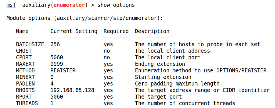 Figure 5.34 – The options for the SIP enumerator module in Metasploit
