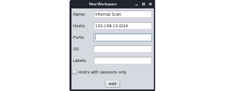Figure 11.16 – Creating a new workspace in Armitage
