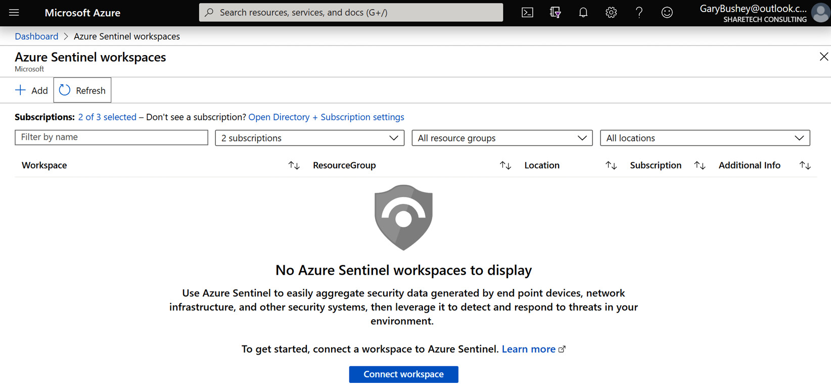 Figure 2.11 – Add workspace to Azure Sentinel
