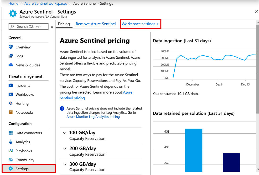 Figure 2.15 – Azure Sentinel Settings
