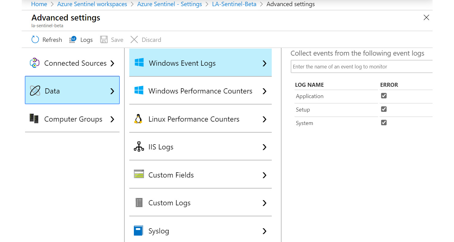 Figure 2.20 – Azure Sentinel Advanced Settings – Data
