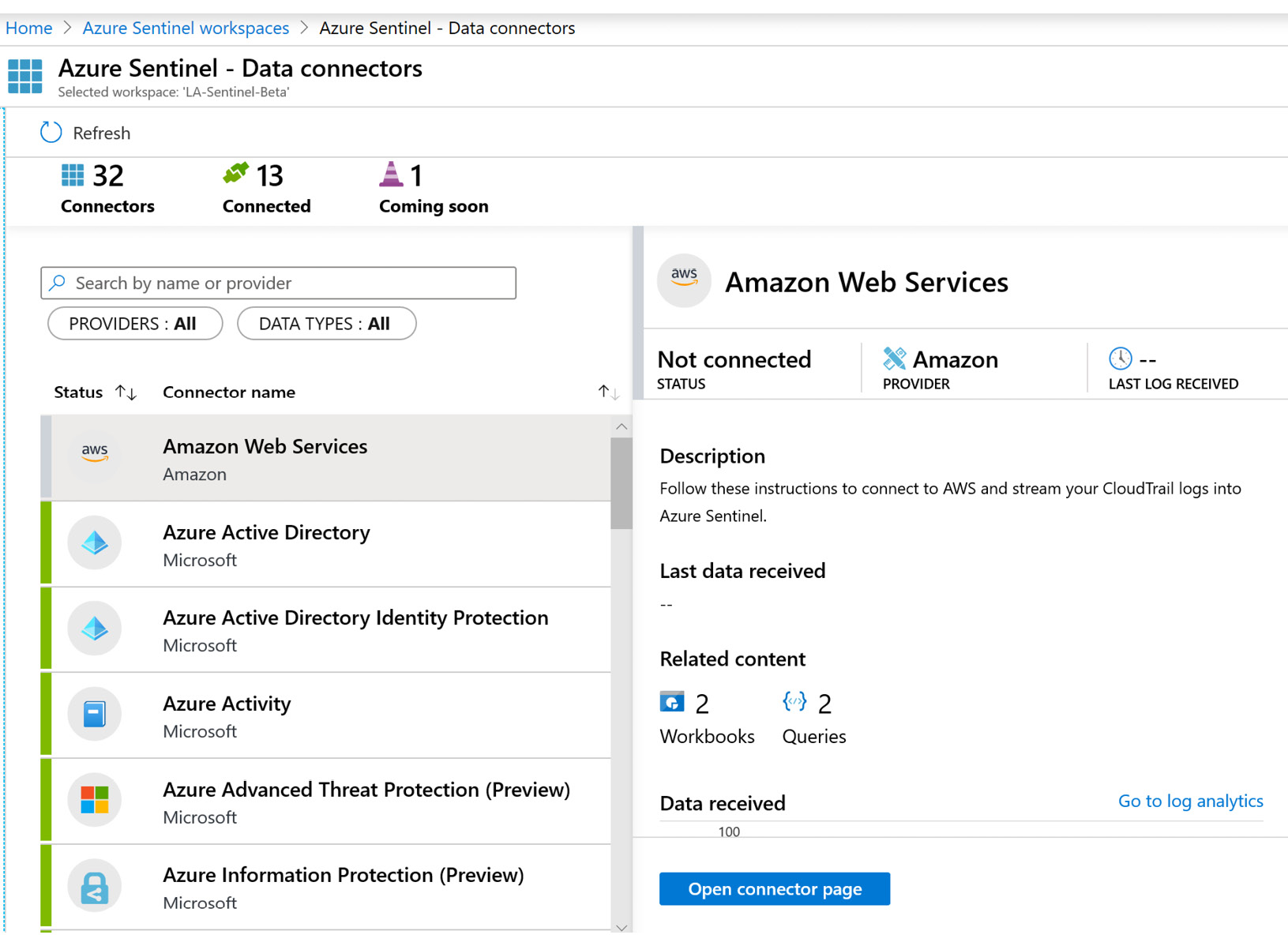 Figure 3.4 – Azure Sentinel Data connectors page