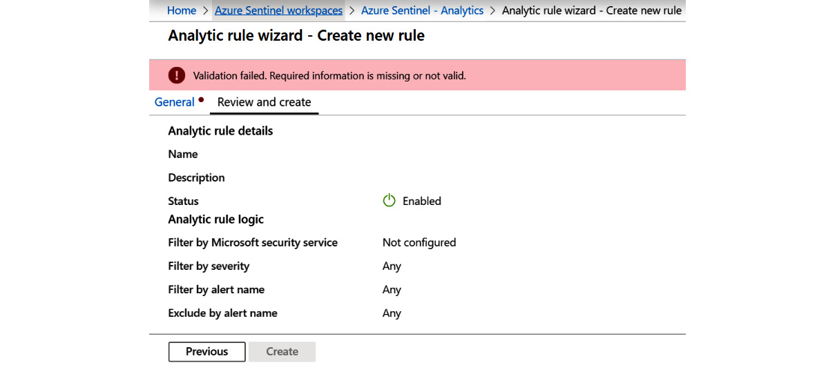 Figure 7.22 – Create Microsoft incident rule – Review and create with an error