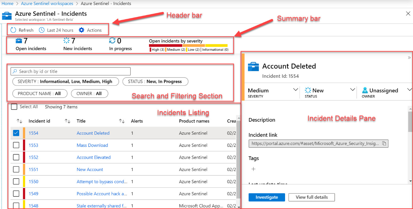 Figure 9.1 – Azure Sentinel Incidents page
