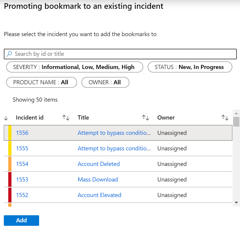 Figure 10.18 – Adding bookmark to existing incident