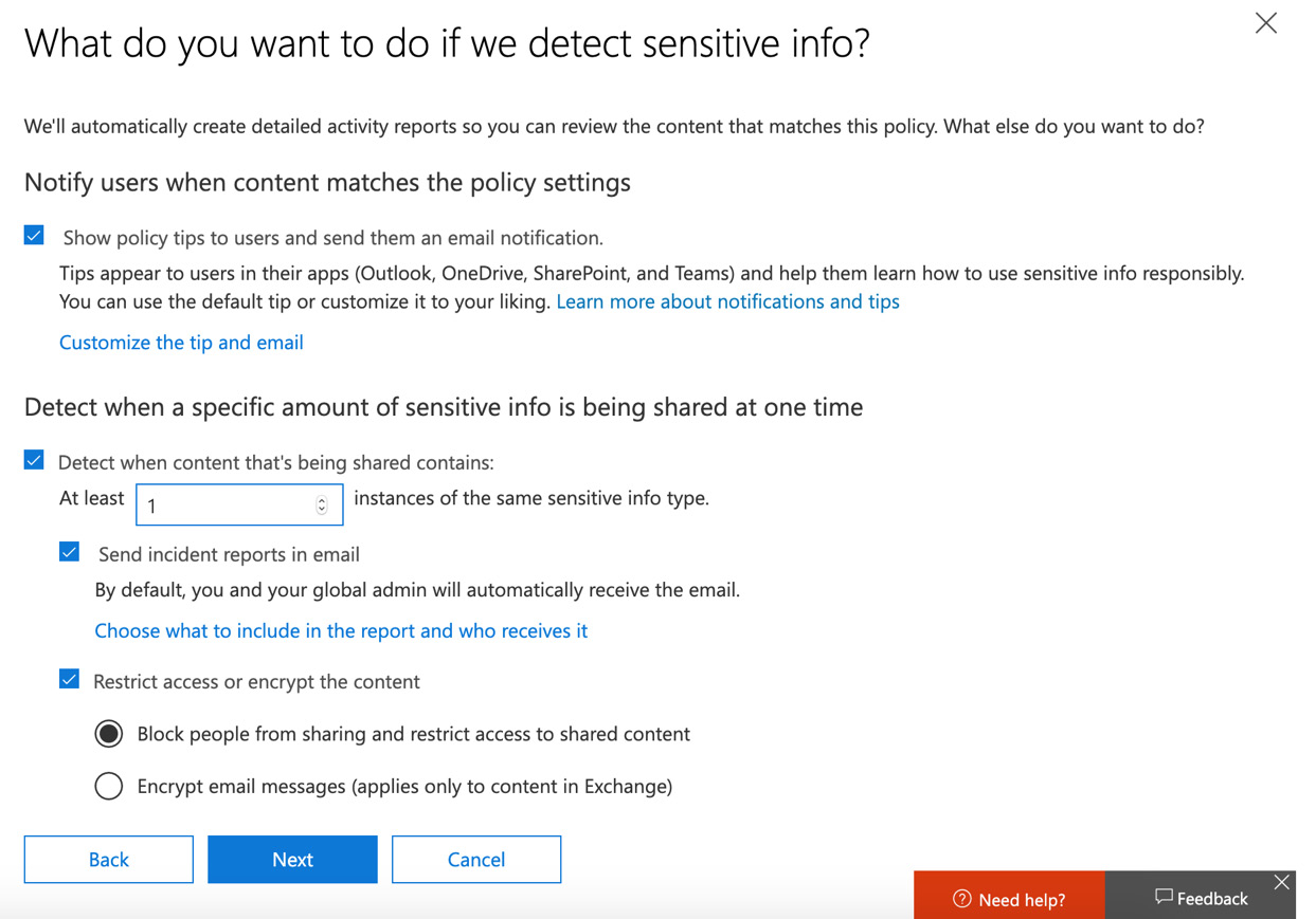Figure 12.12 – Settings for when sensitive information is detected
