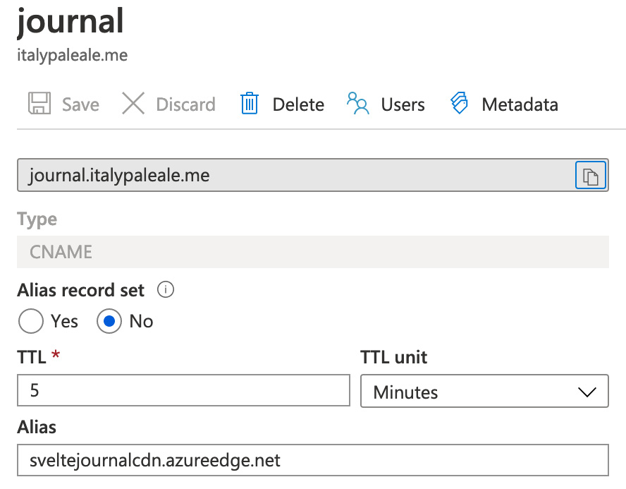 Fig 6.3 – Example of creating a CNAME record for "journal.italypaleale.me" in Azure DNS
