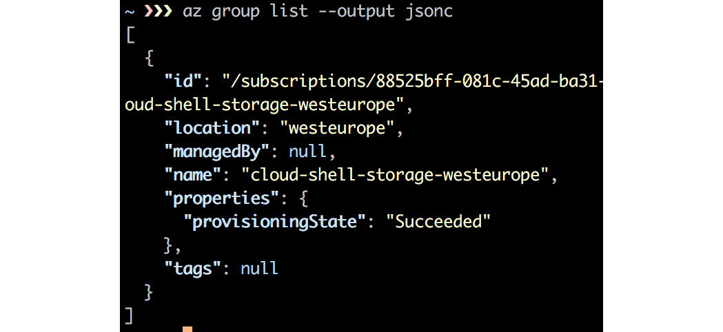 The output showing the subscription details on the command prompt in JSON format
