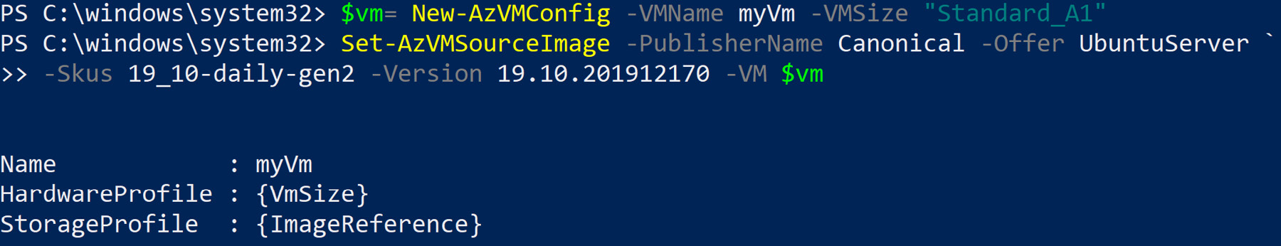 Creating a new virtual machine with a size of Standard_A1 by instructing Powershell to use image version