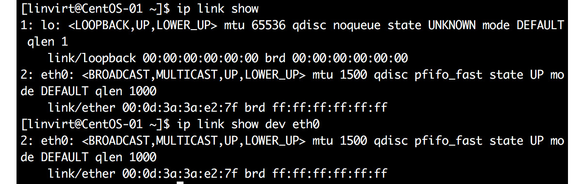 Listing the available network interfaces and their info using the  ip link show command.