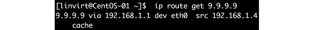 Using the ip route get command to query the device and gateway to be used.