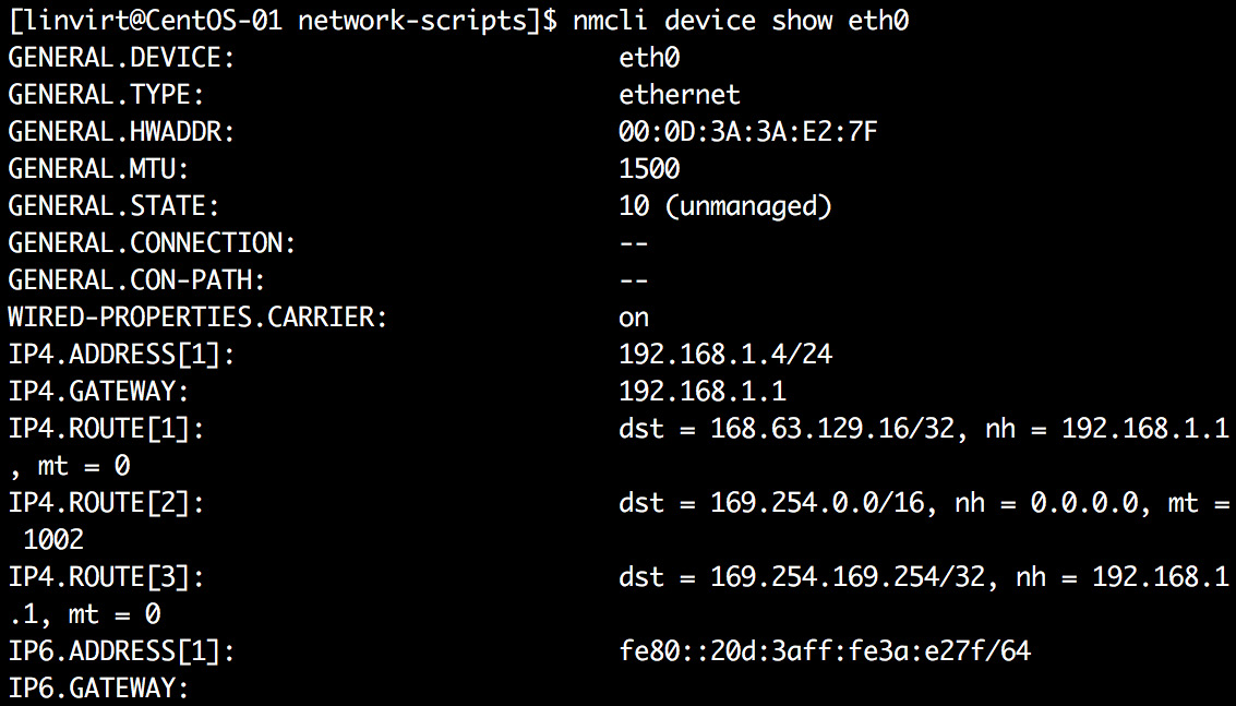 nmcli command is used to show the complete information of your device settings.