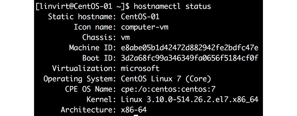 Fetching the hostname details using the hostnamecl utility.