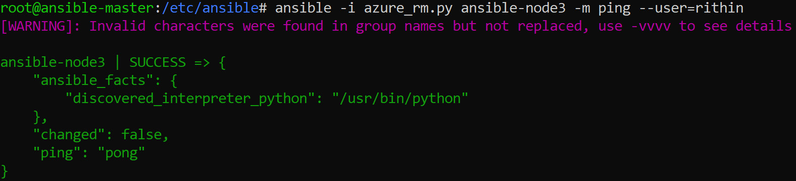 Using the user credentials to ping the ansible-node3 VM