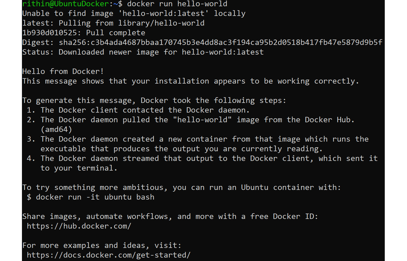 Successful execution of the container using docker run hello-world command