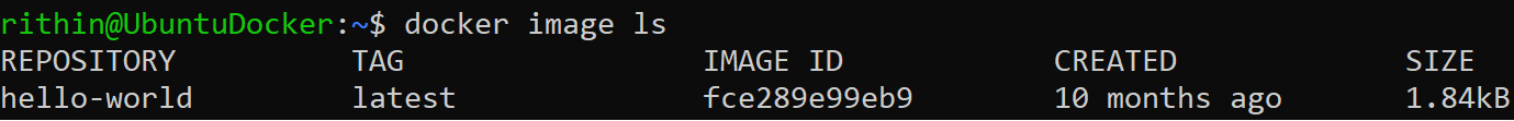 Listing the hello-world image by using the docker image
ls command