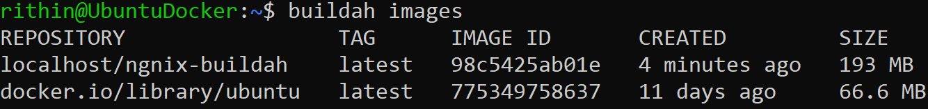 Output of the list of images using buildah images command