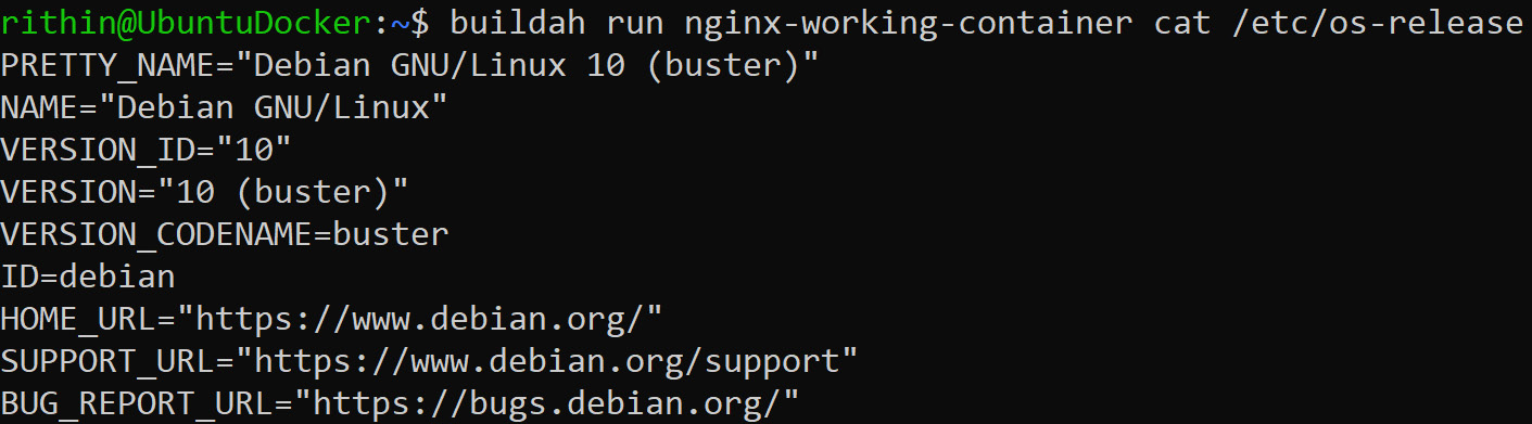 Printing the content of the nginx container using buildah run nginx-working-container cat /etc/os-release command