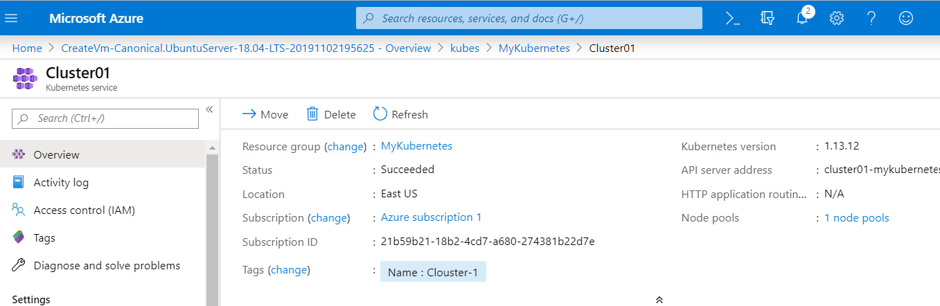 The Kubernetes Dashboard with the details of the cluster and the resource group