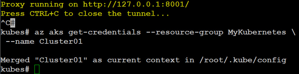 Using the az aks get-credentials command to merge the configuration into the local configuration file