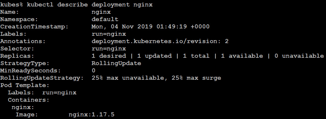 Getting more detailed output for the nginx deployment with the kubectl describe deployment command