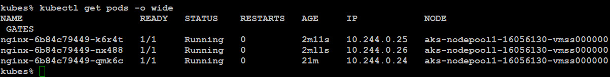 The output showing the status of the available pods after scaling up